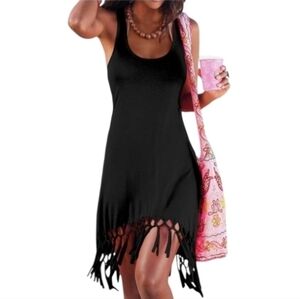 Pinziko Black Fringe Swimsuit Cover Up Dress Sz L